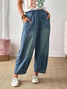 EMERY ROSE 女式松紧腰口袋喇叭宽松牛仔裤 - 藍色 - 查看 2