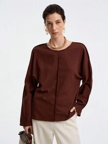 Aalyst Damen elegante Mode Pendler Lässig Komfortable Charmante Retro Minimalistische Hochwertige Umkehrbare Langarm Rundhals Strickjacke Einfarbiges Hemd - Mokka-Braun - Übersicht 4