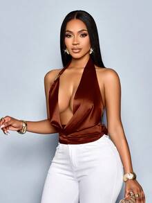 SOLERSUN 女式性感优雅垂坠领口挂脖金属装饰修身缎面背心 - 咖啡棕 - 查看 4