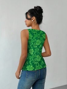 Gloray 女士优雅珍珠纽扣前无袖衬衫 - 綠色 - 查看 2