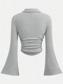 Girlism 少女纯色荷叶边袖短款T恤 - 灰色 - 查看 2