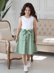 青少女兩色拼接插袋腰帶鈕釦前短裙 - 彩色 - 查看 9