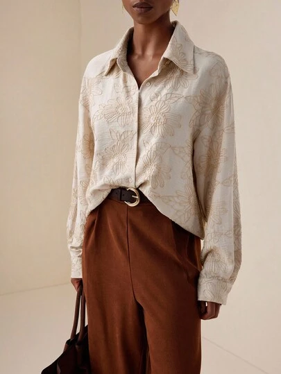 Vesra 花卉刺绣落肩宽松休闲女衬衫