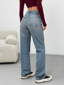 EURMUSE Jean denim taille haute slim droit, lavage vintage Y2K - Jean bleu - Voir 4