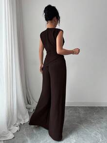 Rafferiza 2件套女士纯色纹理褶皱圆领无袖上衣 - 棕色 - 查看 2