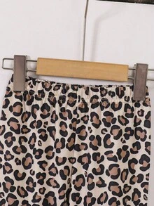 Young Girl Casual Pencil Print Round Neck Short Sleeve T-Shirt And Flare Pants Set, Summer New Arrival. Cute Face Graphic Tee, Retro Leopard Print Flare Pants, Versatile For Daily Wear And Parties - Apricot - View 5