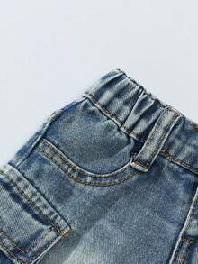 SHEIN 休闲宽松极简迷彩印花多口袋女童牛仔迷你裙 - 中等水洗藍 - 查看 4