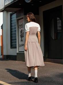 Hanevo 2pcs/Set Teen Girl Office Style White Patchwork Apricot Short Sleeve Pleated Maxi Dress, Spring/Summer - Khaki - View 2
