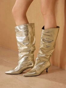 MOTF Mẫu bốt cao đến đầu gối mũi nhọn xếp ly mới năm 2026, gót mảnh, ống rộng dành cho nữ. - Vàng - Xem 3