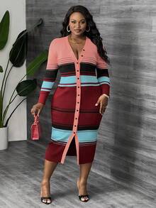 秋冬大码女式优雅条纹紧身针织开衫毛衣裙 - 彩色 - 查看 3