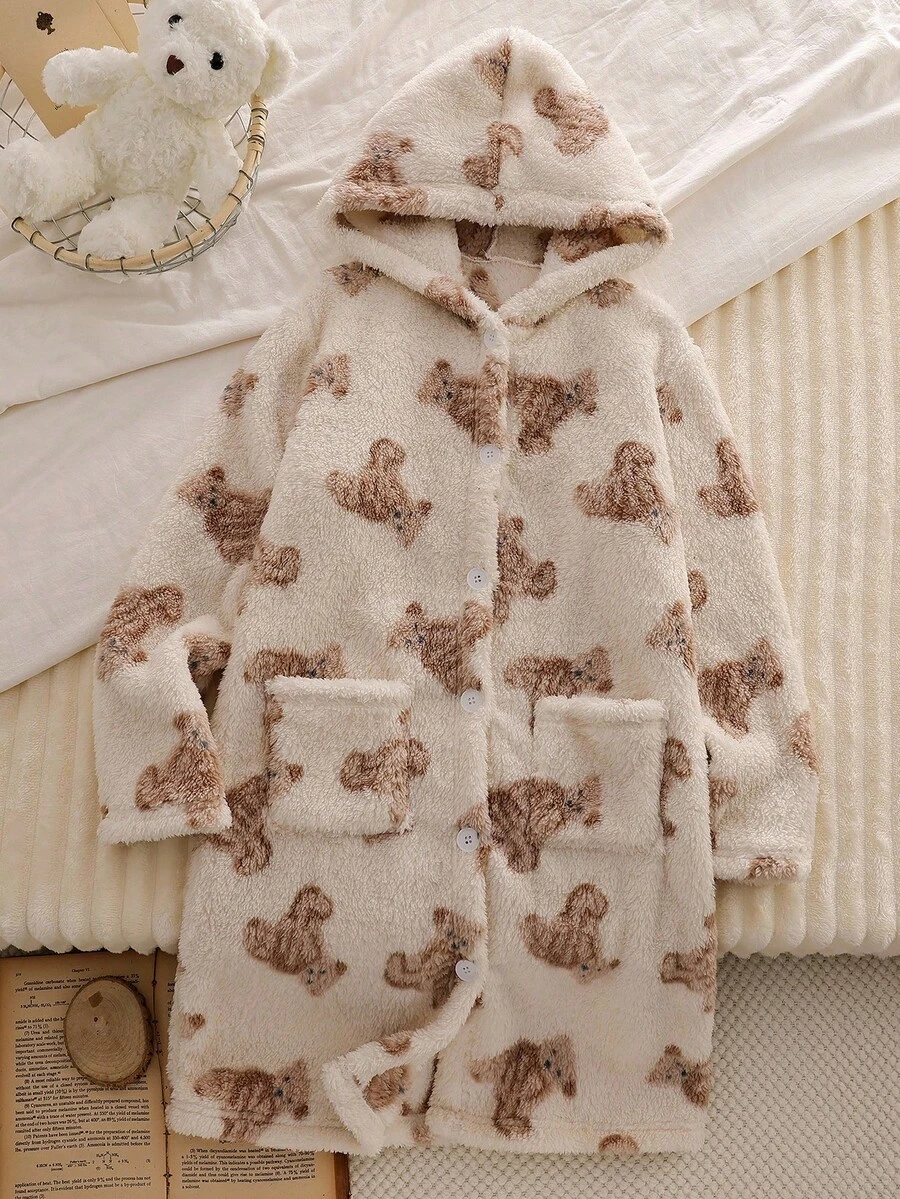 女童泰迪熊图案连帽长款家居服