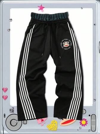 Paul Frank X ROMWE بنطلون رجالي بطباعة كرتونية، تصميم أمريكي شارع، بنطلون رياضي بخصر مخطط وطباعة رقعة، خريف