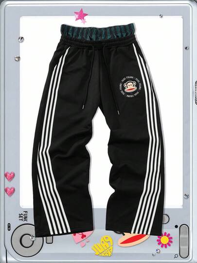 Paul Frank X ROMWE Men KPOP Cartoon Pattern Pants, American Street Style Design, Striped Waistband Patchwork Print Sweatpants, Fall