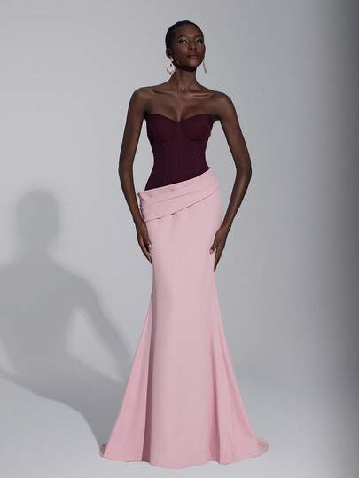 Elitara فستان أنيق، رومانسي، جذاب، بسيط، بنفسجي-أحمر داكن، وردي متباين، قماش مضلع، ذيل سمكة، مُذيل، عصري، مؤثر، مهرجان، عطلة، حفلة عيد ميلاد، حفل زفاف، حفل رسمي