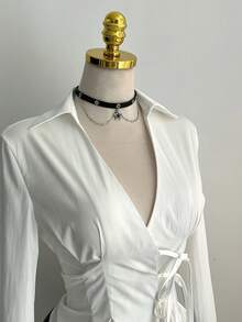 Elamini Sexy Collared Side Lace-Up Waist Slim Fit Long Sleeve Blouse For Women - White - View 4