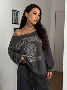 Coolane Women's Fall/Winter Vintage Streetwear Homecoming Daily Wear Casual Knit Place Name Pattern One Shoulder Sweatshirt - Dark Grey - View 5