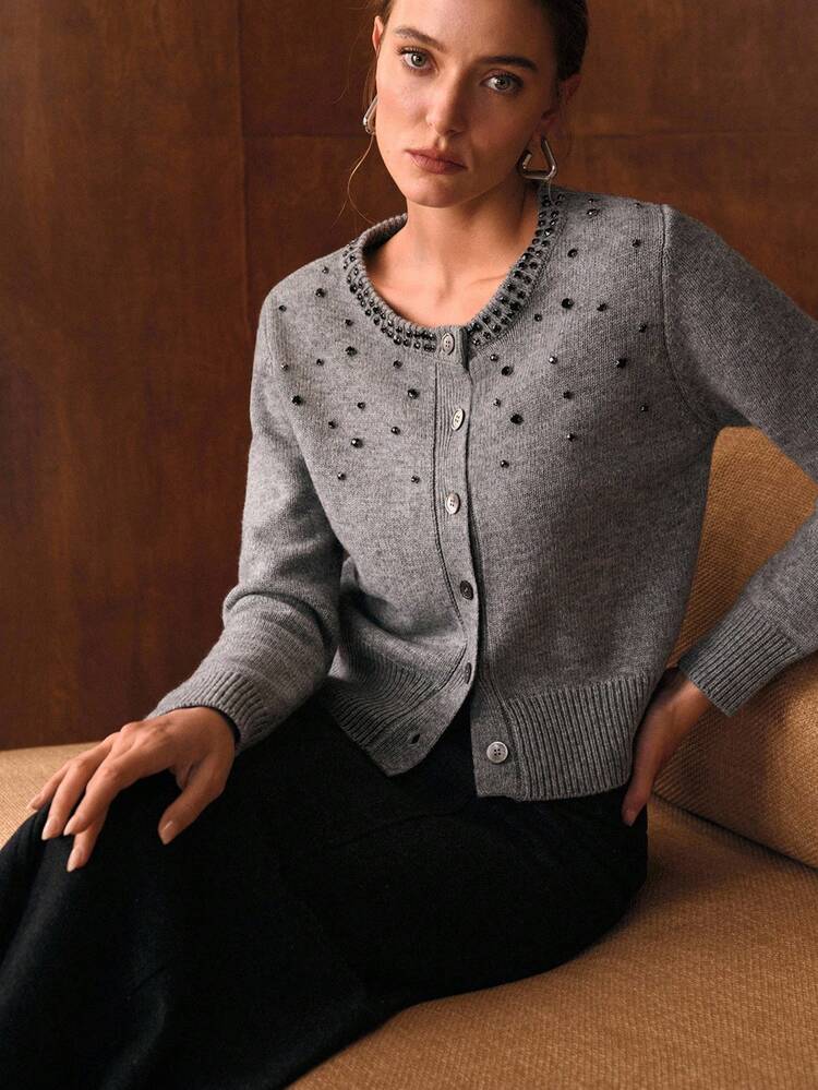 WOOL RHINESTONE DETAIL CARDIGAN