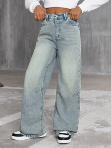 SHEIN Sparklyn Jeans anchos de pierna recta con diseño de pespunte de contraste amarillo y lavado azul, de ajuste holgado, para niñas. Adecuados para salidas casuales y uso al aire libre en primavera, otoño e invierno