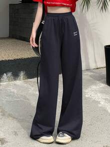 DAZY Women's Contrast Color Letter Print Drawstring Design Pants - Navy Blue - View 4