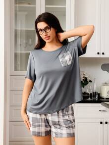 Set de 2 piezas de camiseta de unicolor con bolsillo a cuadros y pantalones de pijama a cuadros - Multicolor - Ver 1