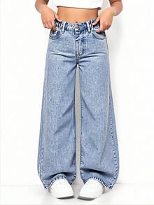 SHEIN ChillGRL Spodnie dresowe dla dziewcząt w wieku nastoletnim, w kolorze jasnoniebieskim, z nadrukiem motyli, luźne, szerokie nogawki, luźny krój, wygodne, codzienne, uniwersalne, do szkoły, casualowe, sprane, dżinsowe - Średni jeans - Zobacz 3