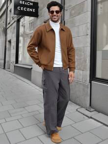 Manfinity CasualCool Men's Brown Long Sleeve Zip-Up Jacket, Suitable For Everyday Wear,Regular Style Of Men's Casual Commuting Suede Zipper Lapel Jacket,Men's Casual Commuting Suede Zipper Lapel Jacket Regular Style 2025 Autumn/Winter New Men's Outerwear