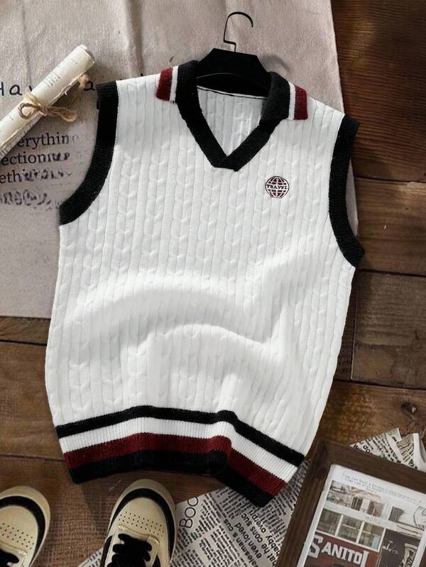 Manfinity EZcore Men's Casual Commuter Contrast Trim Cable Knit Sweater Vest , Fall Winter