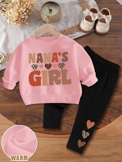 SHEIN 2pcs/Set Baby Girl Casual Cute Leopard Print Heart & Letter "GIRL" Pattern White Knit Soft Round Neck Long Sleeve Sweatshirt And Black Leggings Outfit, Suitable For Autumn/Winter Fall Baby Girl Sweat Set Nanas Girl Baby Outfit Baby Girl Outfit Baby Girl Full Sleeve With Pant Nanas Girl Outfit