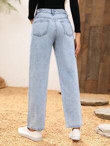 EMERY ROSE Printed Loose Straight Leg Jeans - Light Wash - View 2