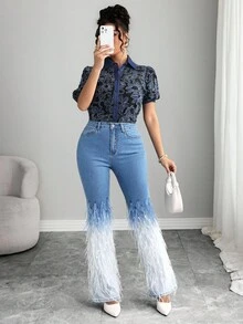 Elenzga Patchwork Fringe Flare Jeans - Medium Wash - View 1