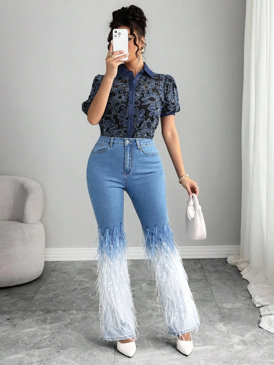 Elenzga Patchwork Fringe Flare Jeans - Medium Wash - View 1