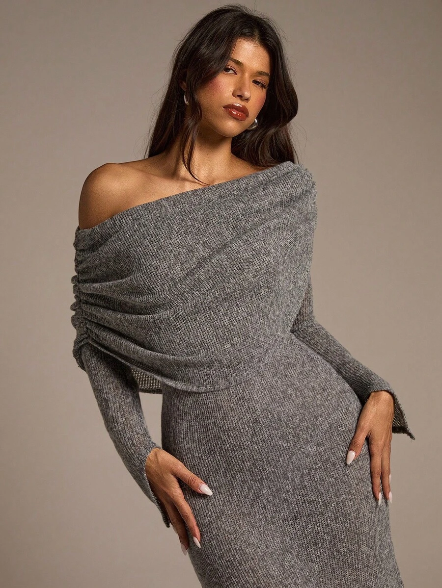 Aloruh Women's Off-Shoulder Ruched Long Sleeve Bodycon Prape Grey Maxi Dress, Fall/Winter