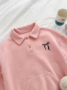 Genkimix Kids 1 件女童针织运动衫，白色蝴蝶结印花，半拉链开合，麻灰色 - 淺灰色 - 查看 5