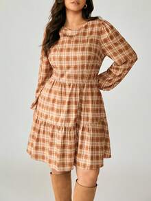 SHEIN LUNE Plus Size Ruffled Plaid Dress Fall Cloth For Women - Multicolor - View 4