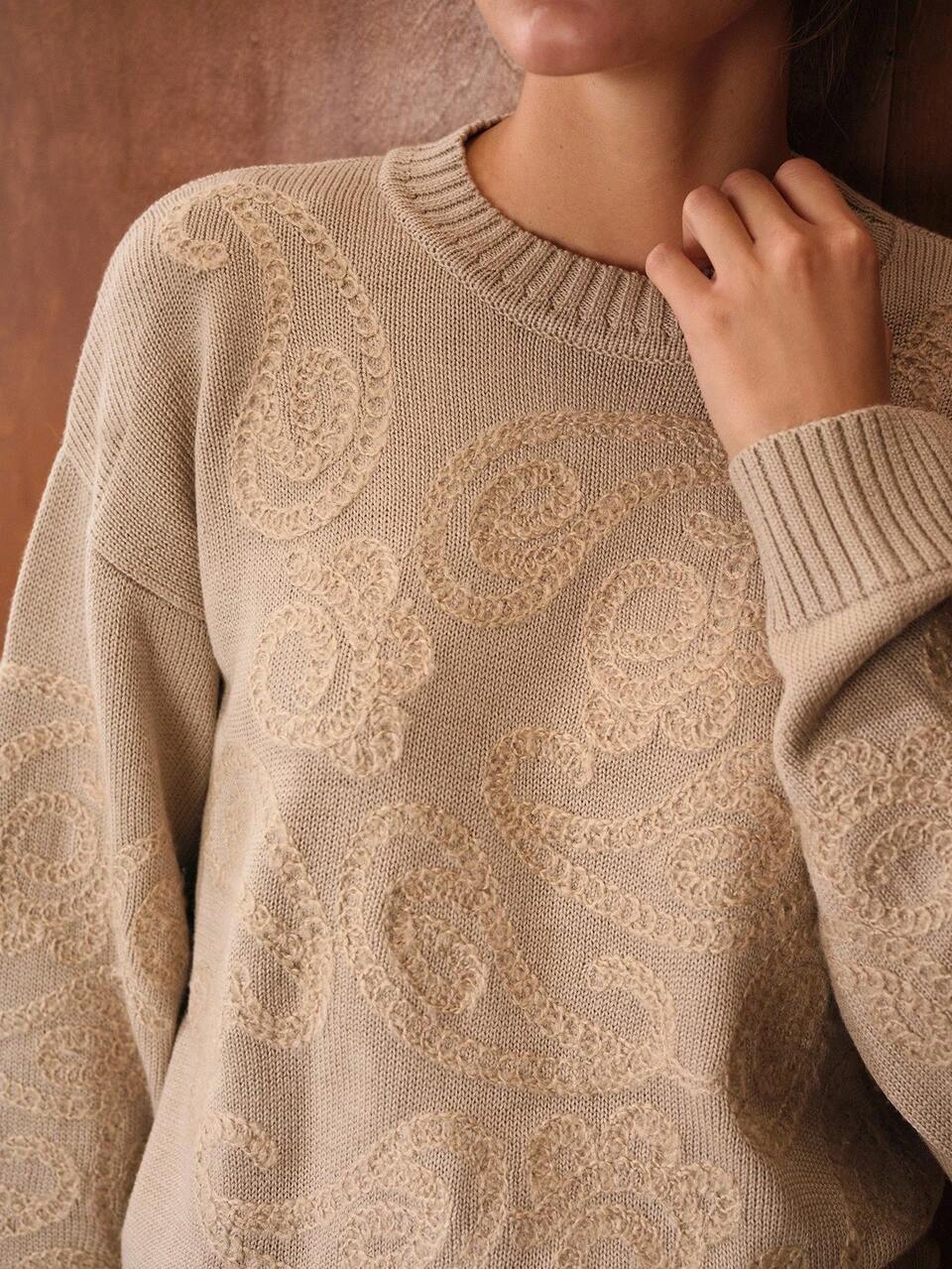 TEXTURED CREW NECK LONG SLEEVE SWEATER