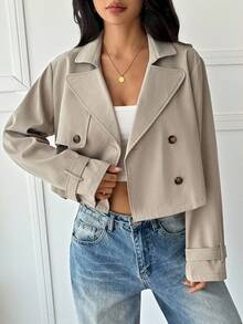 SHEIN PETITE 女款卡其色純色雙排扣短版夾克外套 秋季/教師節 辦公商務 經典優雅休閒 - 杏色 - 查看 10