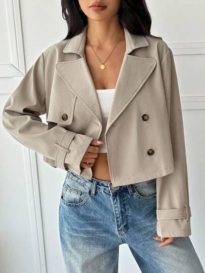 SHEIN PETITE Kadın Kayısı Rengi Düz Renk Kruvaze Kısa Ceket Gri Ceket Sonbahar/Kış