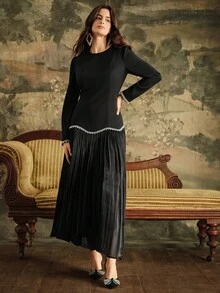 Anewsta Women's Long Dress With Rhinestone Chain And Hem Patchwork Design, Elegant And Fashionable - Black - View 3