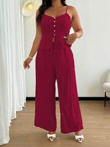 Flirla مجموعة بلوزة وبنطلون كاجوال من الكتان للمرأة ذات المقاسات الكبيرة، صيفي - عنابي اللون - مشاهدة 6