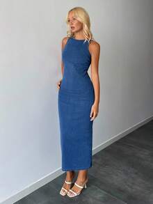 Siren Gaze 女士无袖牛仔连衣裙，修身，有弹性，蓝色 - 藍色 - 查看 1