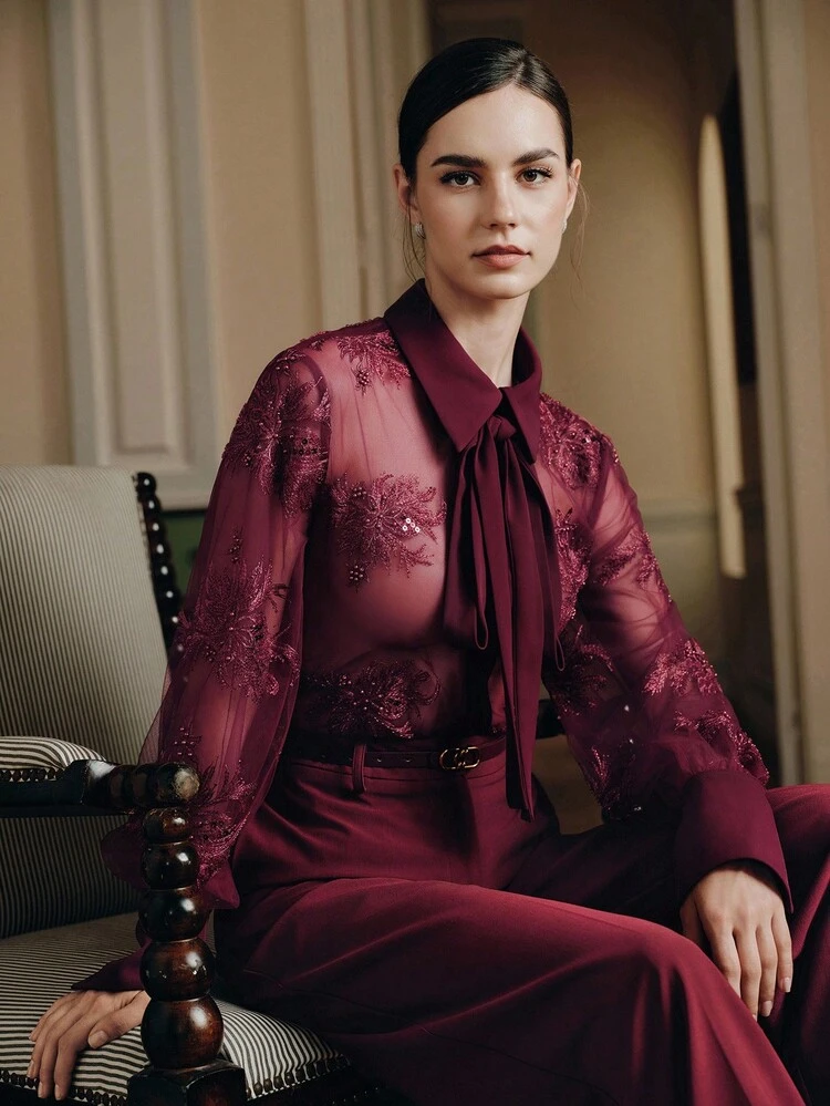 Valentine's Day Vacation Style Sequin Embroidery Sheer Long Sleeve Stand Collar Women Shirt With Bowknot