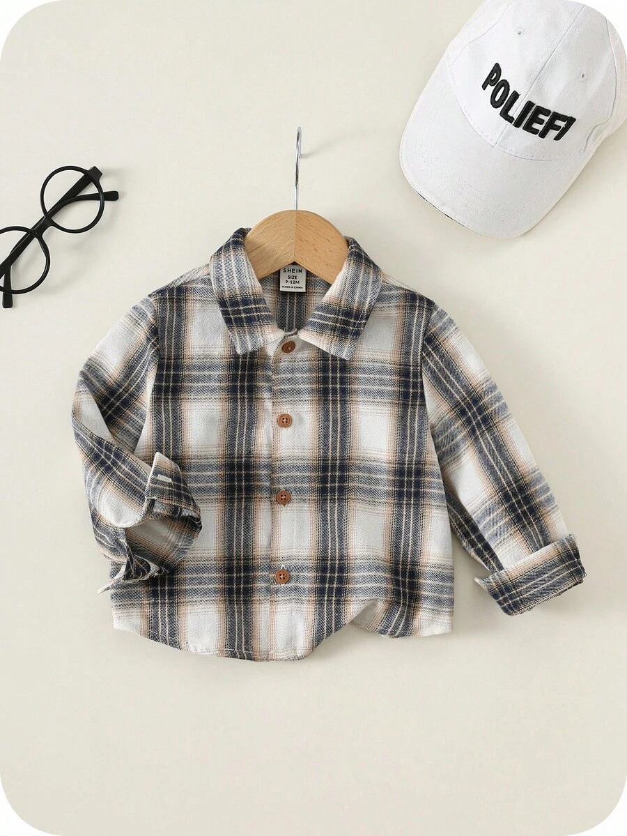 SHEIN Camisa Xadrez de Manga Longa Casual e Versátil Fofa para Bebê Menino, Adequada para Festa de Aniversário, Rave, Festa à Noite, Apresentação, Casamento, 1º Mês do Bebê, Batizado e Comemoração do 1º Aniversário - Multicolorido - Visão 1