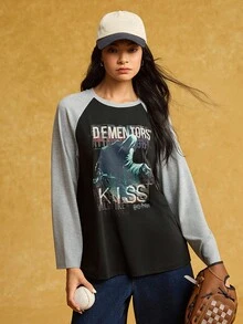 HARRY POTTER X SHEIN Women's Letter Graphic Color Block Round Neck Long Sleeve T-Shirt,Back To School