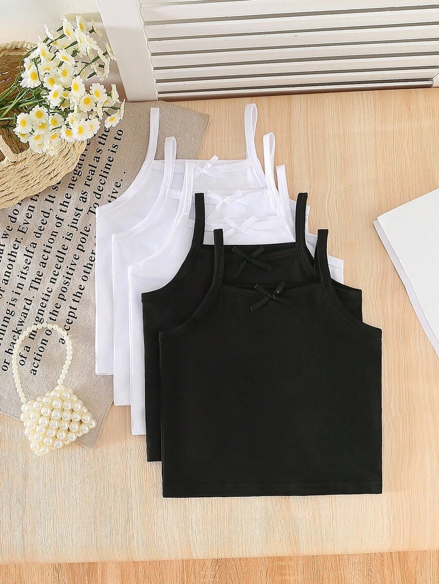 SHEIN 5pcs/Pack Atasan Kasual Nyaman untuk Anak Perempuan dengan Hiasan Pita, Desain Sederhana, Cocok untuk Dipadukan, Semua Musim, Paket Tank Top Hitam dan Putih, Musim Gugur dan Musim Dingin - Hitam dan Putih - View 1