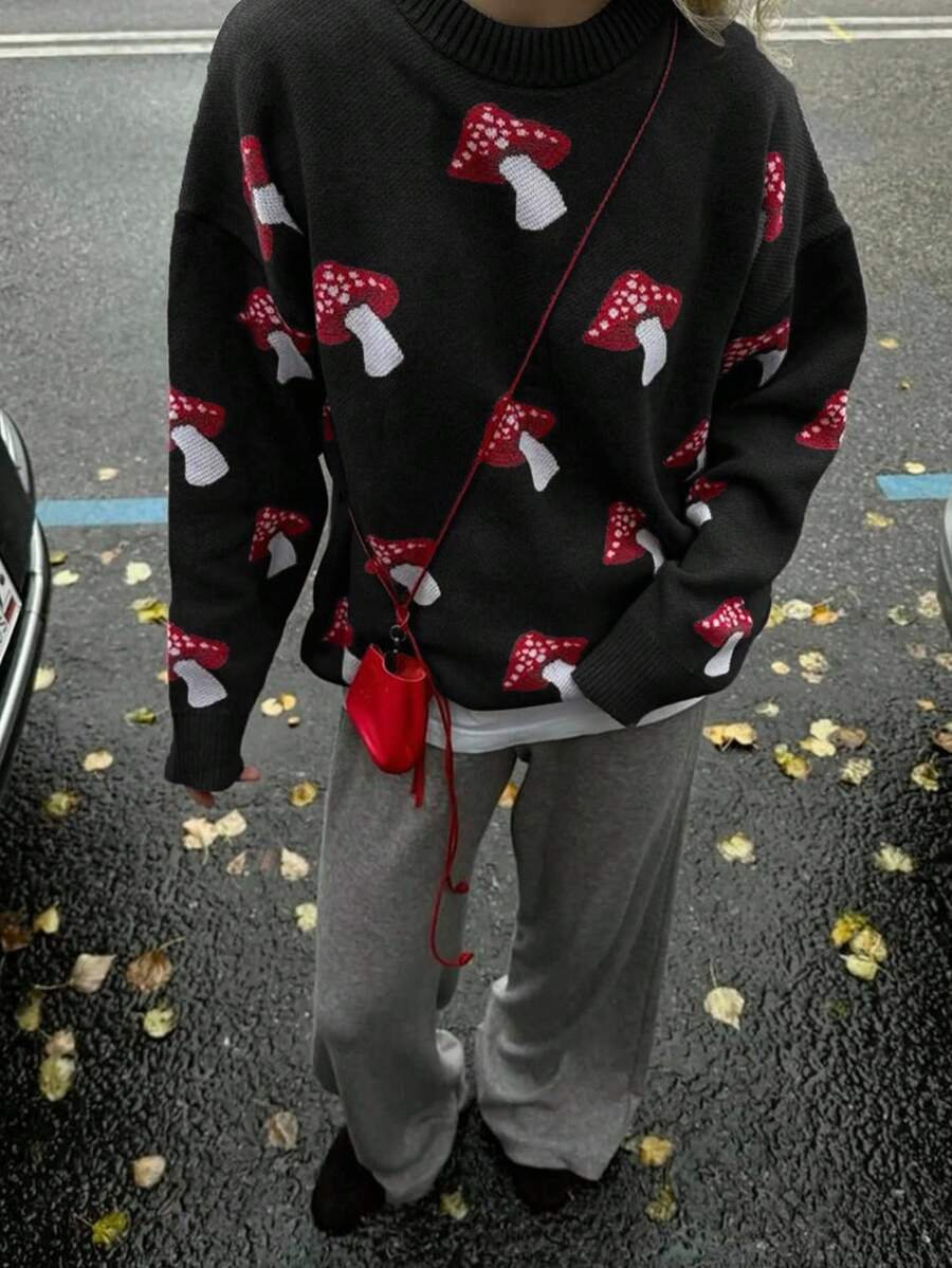 Claim Dot Men's Crew Neck Long Sleeve Mushroom Pattern Jacquard Knit Sweater - Multicolor - View 1