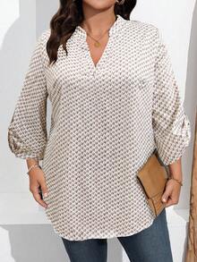 SHEIN Plus Size Casual Commuter All-Over Print Notch Collar Shirt - Coffee Brown - View 3