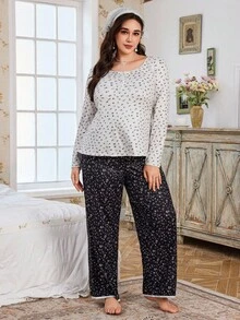 CottageSlumber Ensemble de pyjama pour femmes grande taille avec Top à manches longues à col rond et boutons partiels avec motif floral Ditsy et pantalon de couleur contrastée, vêtements d'automne - Multicolore - Voir 6