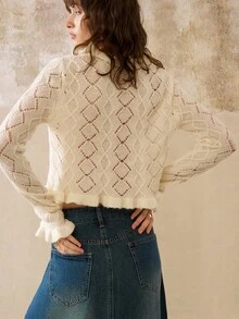 INAWLY Women's Mesh Lace Trim Tie Neck & Cuff Short Frill Trim Cardigan Sweater Fall Winter Cloth For Women - Apricot - View 2