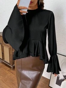 SHEIN LUNE 女式荷叶边饰带袖口喇叭袖衬衫 - 黑色 - 查看 7
