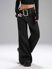 Muchica Plus Size Women Casual Flare Pants With Eyelet & Buckle Design Gothic Pants High Waisted Pants Black Wide Leg Pants Women Wide Leg Trousers For Women Gothic Wide Leg Pants High Waisted Pants For Women Wide Leg Pants For Women Belted Pants - Black - View 4